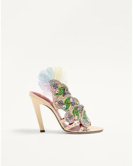 Valentino Garavani ダンス ル フォワイエ フローラルエンブロイダリー&フェザー モアレファブリック サンダル 105mm 女性 マルチカラー White