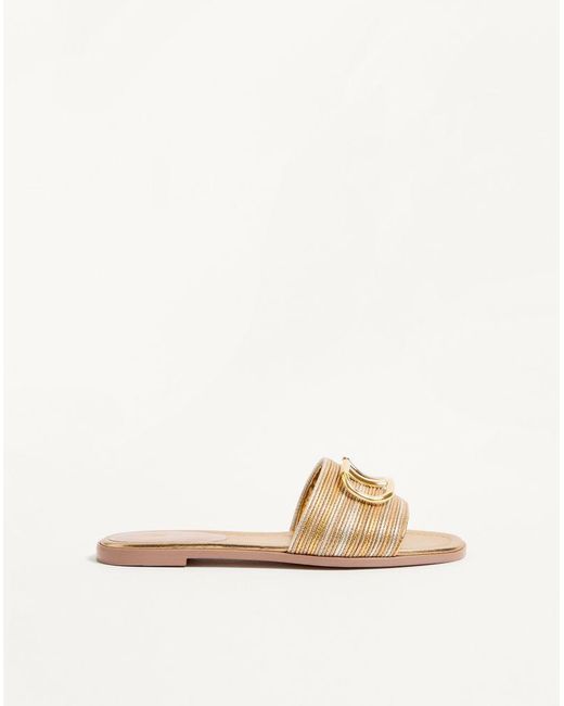 Valentino Garavani Natural Vlogo Signature Metallic Leather Slide Sandal With Cornely Embroidery 35.5