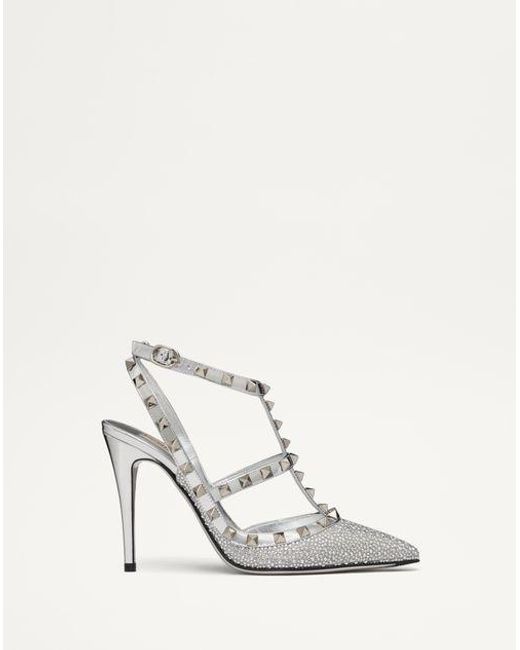 Valentino Garavani White Rockstud Pumps With Crystal Embroidery And Microstuds 100Mm