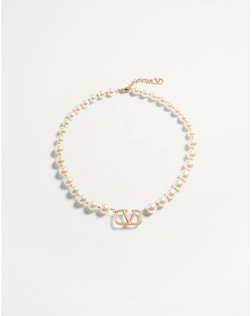 Valentino Garavani White Vlogo Signature Metal Necklace With Swarovski Pearls