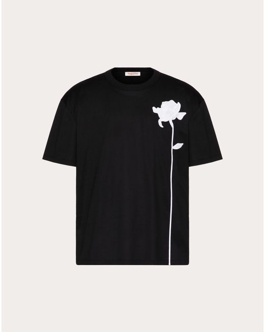 Valentino Black Mercerised Cotton T-shirt With Flower Embroidery for men