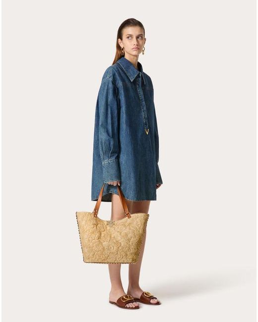 Valentino Garavani Natural Rockstud Woven Raffia Shopping Bag