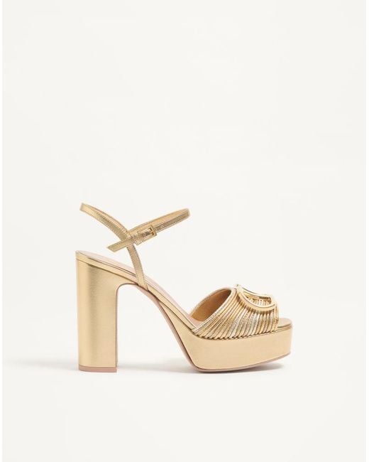 Valentino Garavani Natural Vlogo Signature Metallic Platform Sandal With Cornely Embroidery 115Mm 35.5