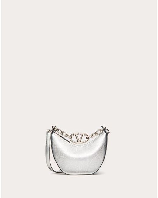 Valentino Garavani Natural Vlogo Moon Mini Hobo Bag In Metallic Grainy Calfskin With Chain