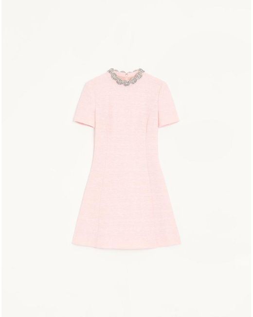 Valentino Pink Embroidered Crinkle Cotton Tweed Short Dress 36