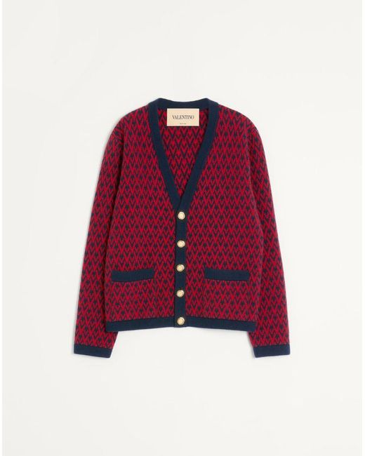 Valentino Red Wool Cardigan With Toute La V Pattern for men