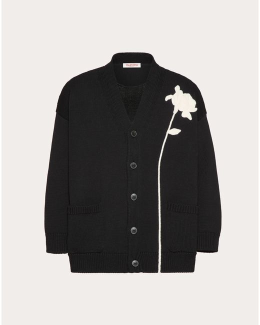 Valentino Black Cotton Cardigan With Flower Embroidery for men