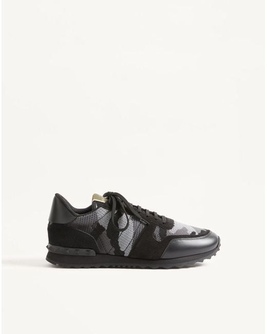 Valentino Garavani Black Mesh Fabric Camouflage Rockrunner Sneaker for men