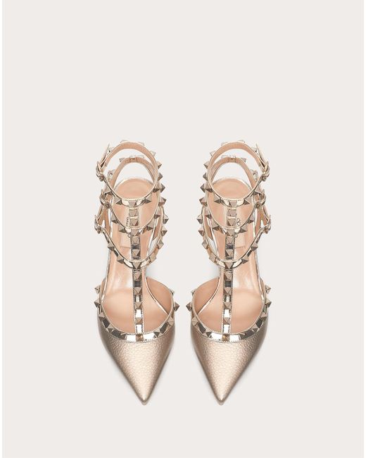 Rockstud metallic grainy calfskin leather ankle strap pump 66 mm Clearance