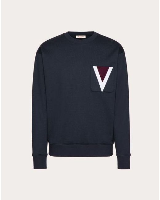 Valentino Blue Cotton Crewneck Sweatshirt With Inlaid V for men