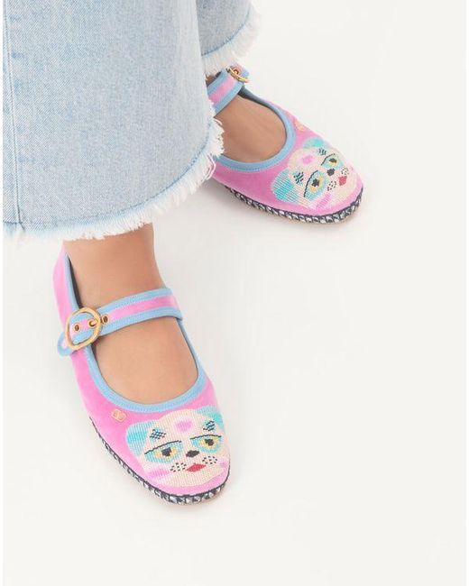 Valentino Garavani Pink Mary-Jane Endouce Velvet Ballerina With Le Chat De La Maison Embroidery