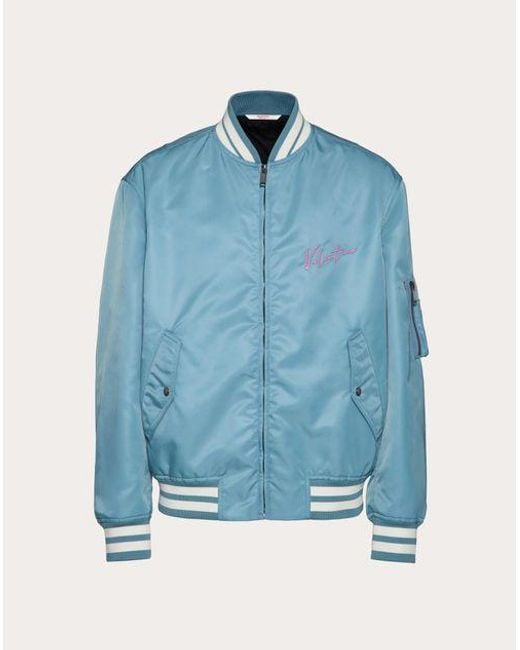 Valentino Blue Nylon Bomber Jacket With Embroidery And Vlogo Signature Print for men