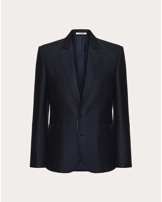 Valentino Blue Wool And Silk Single-breasted Jacket With Rubberised V Detail for men