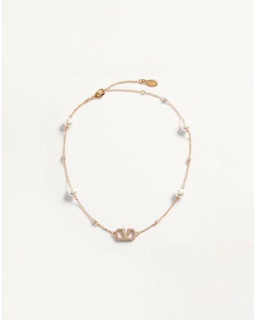 Valentino Garavani Natural Vlogo Signature Metal Necklace With Swarovski Crystals And Pearls