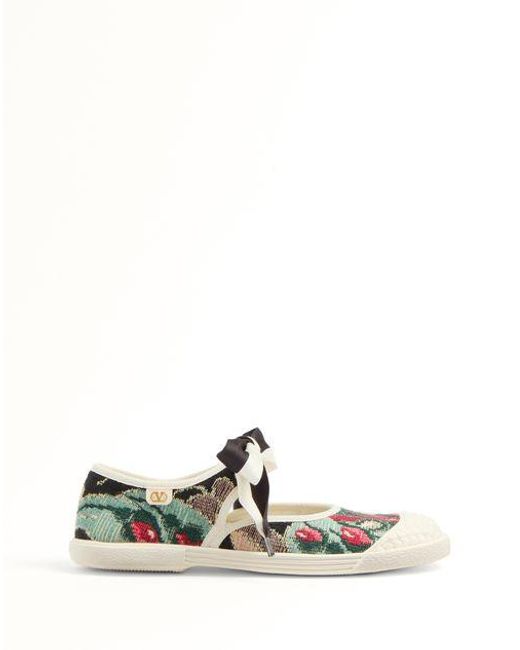 Valentino Garavani White Bay By Bay Ballerina Trainer In Jacquard Fabric With Floral Embroidery