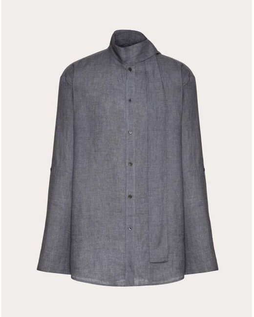 Valentino Gray Linen Shirt With Scarf Collar And Vlogo Signature Embroidery for men