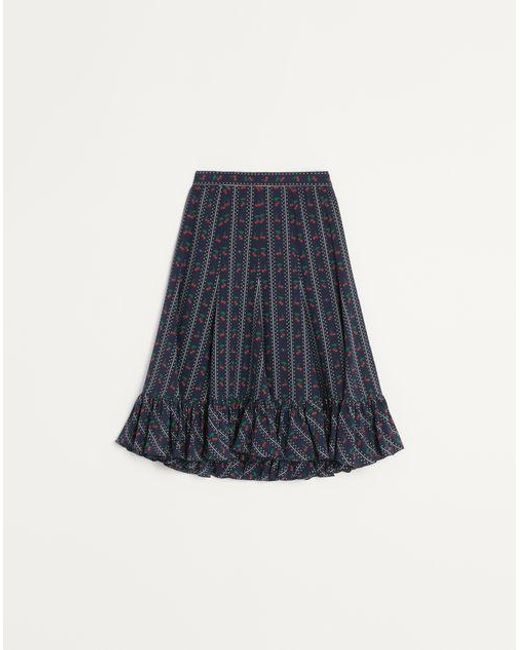Falda Midi De Crepé De China Con Estampado Cherryfic Mujer Valentino de color Blue