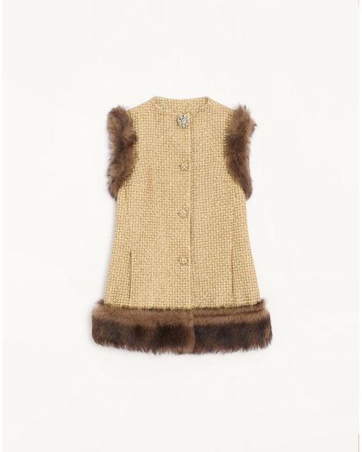 Valentino Natural Tweed Canestrello Lurex Waistcoat With Shearling Details