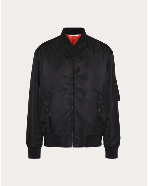 Valentino Black Nylon Bomber Jacket With Flower Embroidery for men