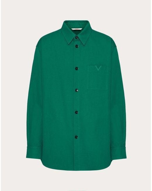 Giacca camicia in canvas di cotone stretch con v detail gommata di Valentino in Green da Uomo