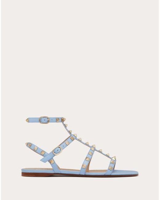 Valentino Garavani White Rockstud Flat Calfskin Sandal With Straps