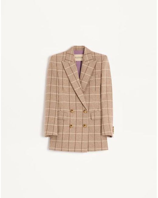 Valentino ウィンドウペーンチェックパターン ウール ダブルブレスト ブレザー 女性 ベージュ/ボルドー/アイボリー Natural
