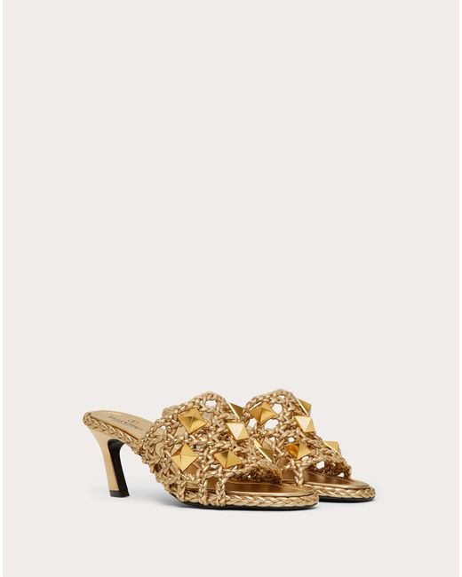 Valentino Garavani Leather Valentino Garavani Roman Stud Slide Sandal In Woven Metallic Nappa 65 