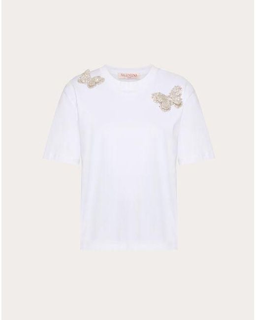 T-shirt in jersey di cotone ricamata di Valentino in White