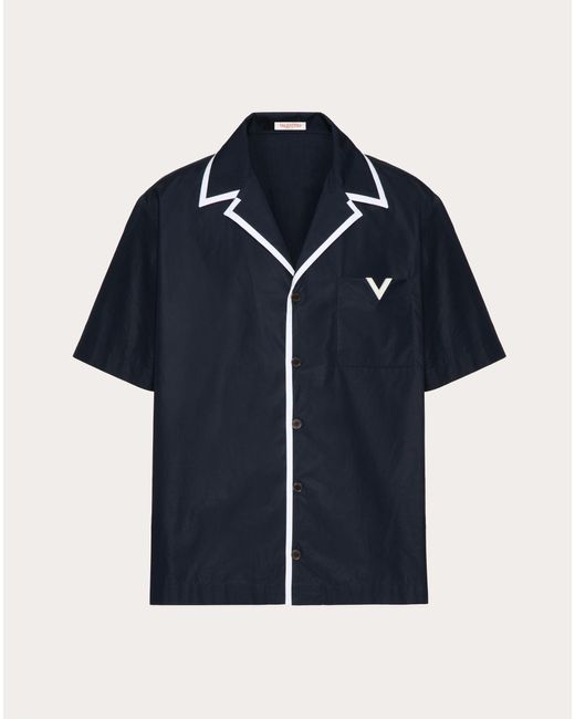 Valentino Blue Cotton Poplin Bowling Shirt With Rubberised V Detail for men