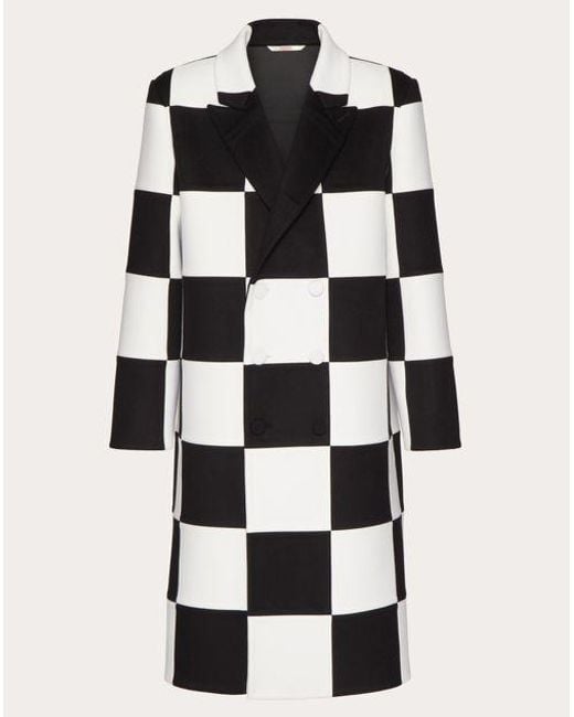 Valentino Black Double-breasted Wool And Cashmere Coat With Ex Chess All-over Intarsia Pattern for men