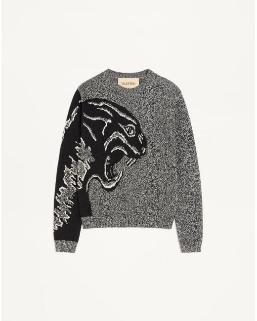Valentino Gray Cotton And Mouliné Wool Jumper With Panther Jacquard for men