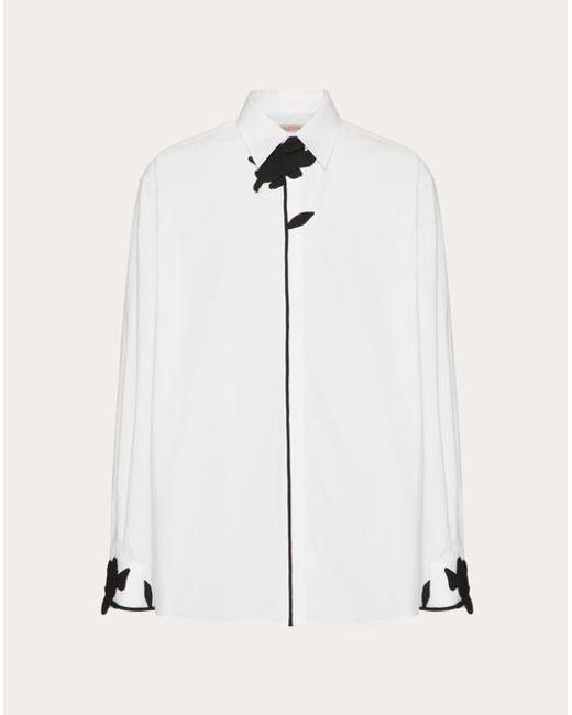 Valentino White Long-sleeved Shirt In Cotton Poplin With Flower Embroidery for men