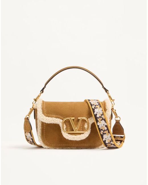 Valentino Garavani Metallic Alltime Suede Shoulder Bag With Sheepskin Lining And Embroidered Ribbon Shoulder Strap