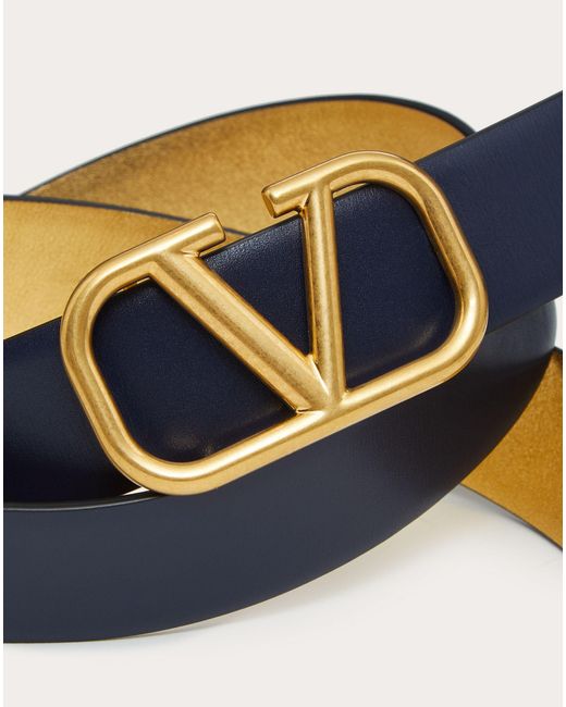 Valentino Garavani Blue Reversible Vlogo Signature Belt In Shiny And Metallic Calfskin 30 Mm