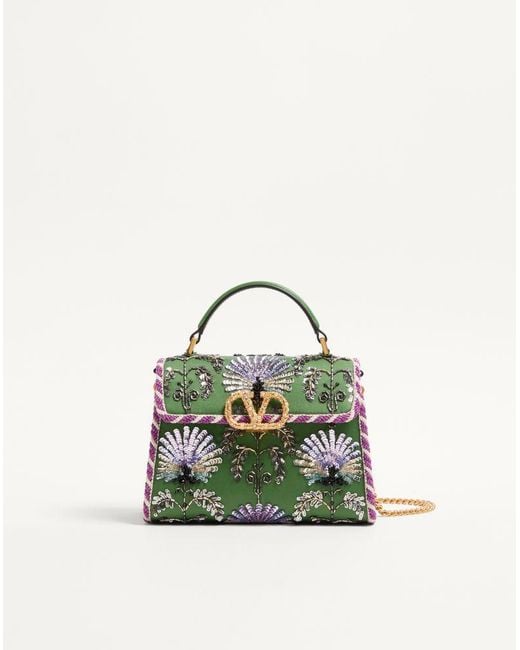 Valentino Garavani Green Mini Vsling Embroidered Handbag With Jewel Logo