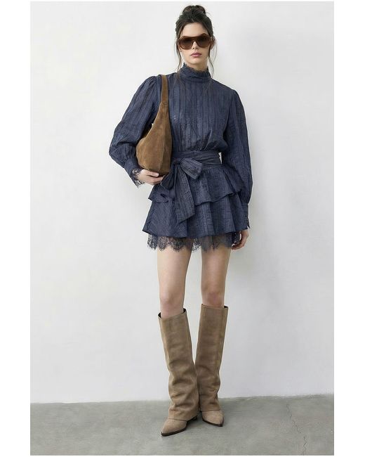 Bianco Lucci Blue Textured Mini Dress With Half Turtleneck And Lace Detail