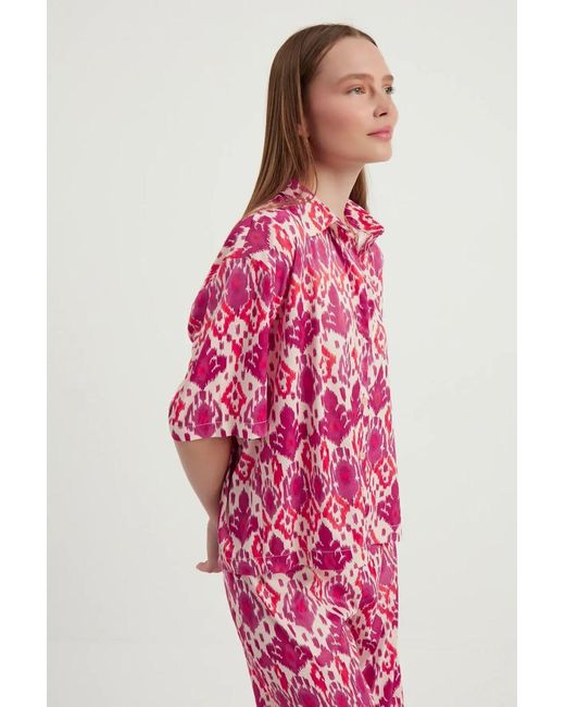 Hiccup Red Satin Relaxed Short Sleeve Boho Shirt
