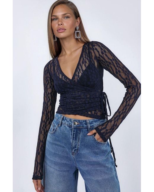 Busem Blue Crop Lace V-Neck Blouse With Tie Detail