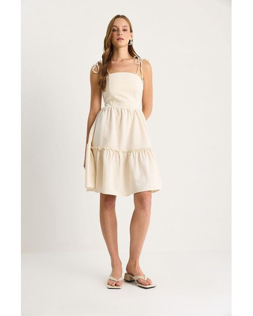 Bianco Lucci Natural Square Collar A-Form Midi Dress With Binding Detail