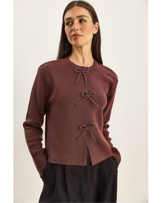 Bianco Lucci Purple Crew Neck Knit Cardigan With Bow Detail