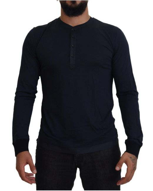 Dolce & Gabbana Blue Henley Neck Long Sleeve Knit Shirt for men