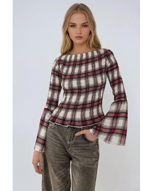 Hiccup Brown Shirred Boat Neck Plaid Top