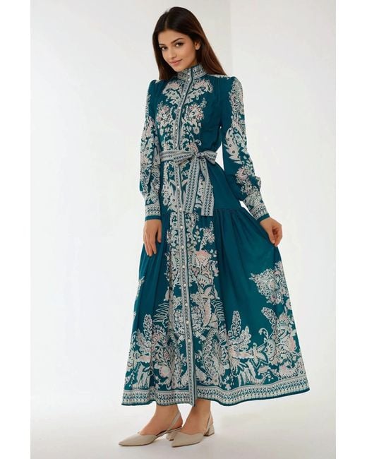 Hiccup Blue Printed Long Sleeve Maxi Dress With Belt