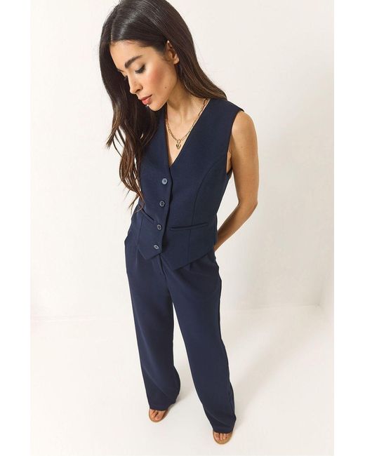 Bianco Lucci Blue Textured V-Neck Long Co-Ord Set With Button Closure