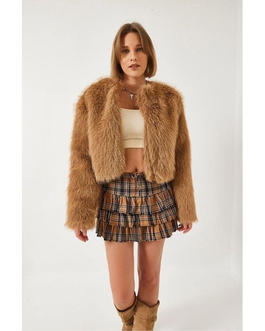 Bianco Lucci Brown Boxy Crop Faux Fur Coat