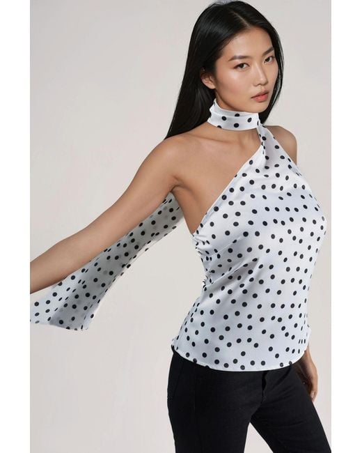 Hiccup Gray Asymmetrical Collar Polka Dot Satin Blouse