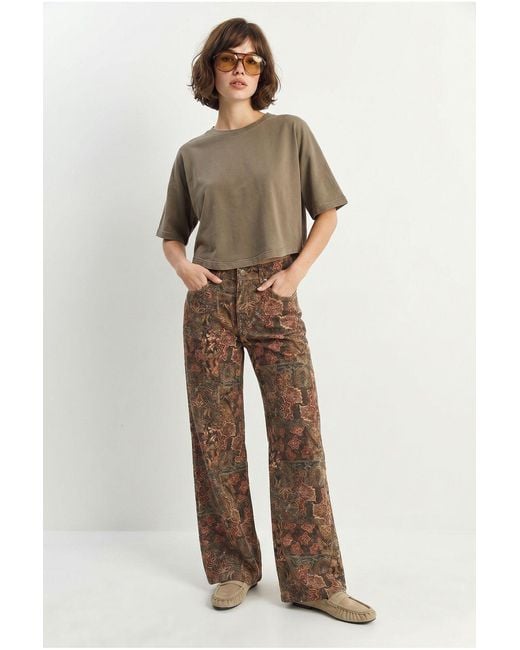 Bianco Lucci Natural High Waist Paisley Print Straight Leg Denim Pants