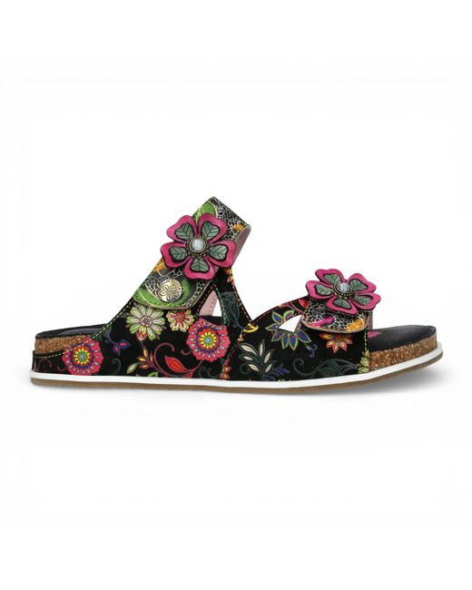 LAURA VITA Black Brcyano 32 Floral Leather Strappy Slipper Sandals