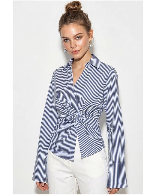 Bianco Lucci Blue Fitted Striped Poplin Shirt With Tie Detail