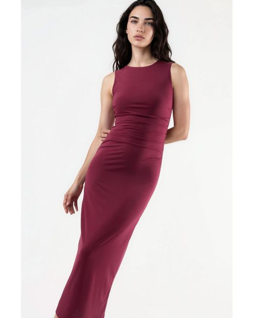 Hiccup Red Fitted Drape Detail Midi Dress With Crew Neck